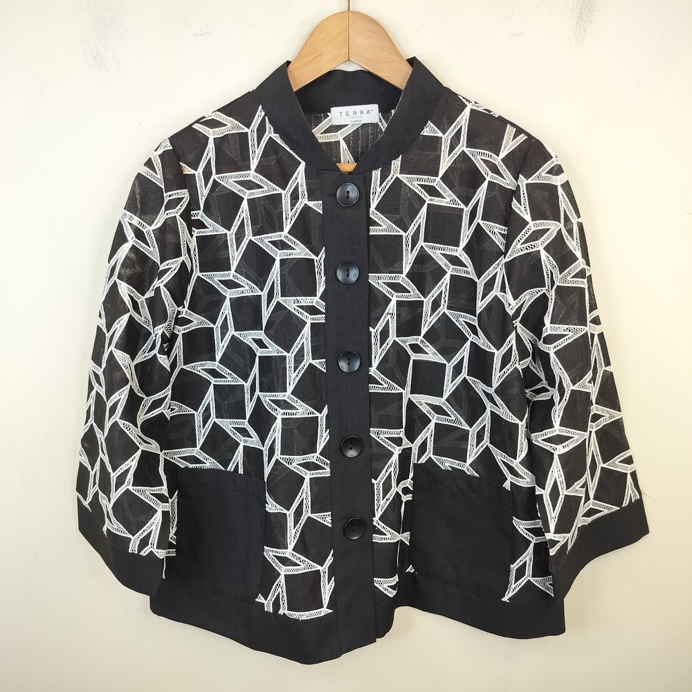 Terra SJ Apparel Button Front Top Jacket Large Geometric Sheer Artsy